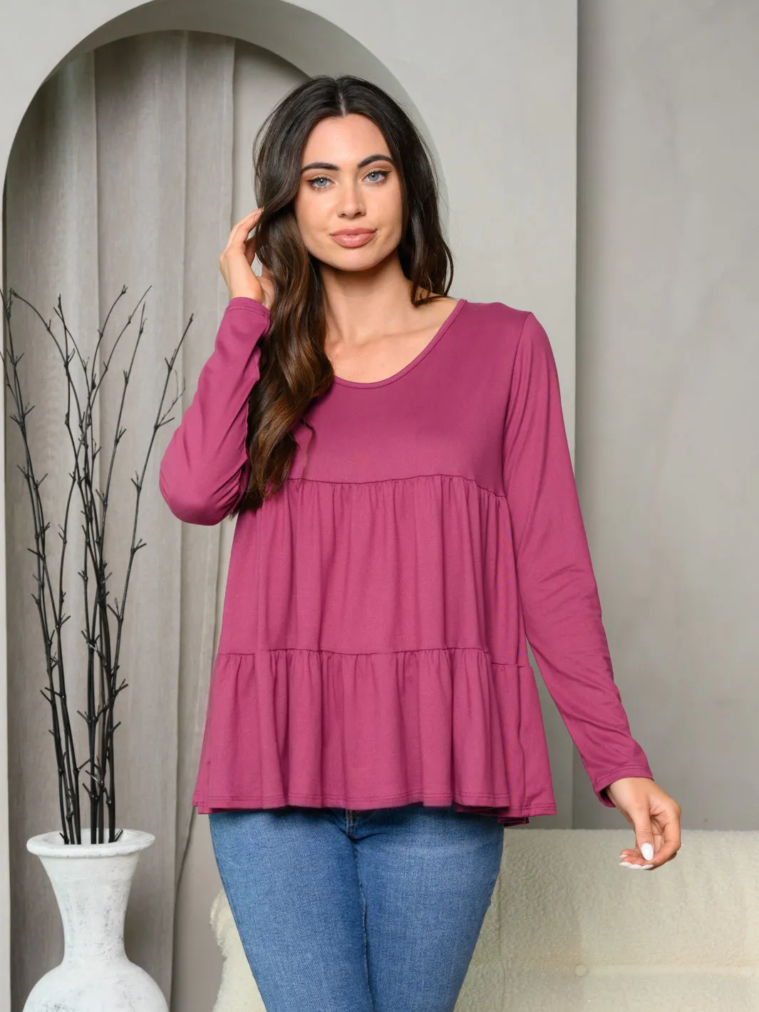 WOMEN'S LONG SLEEVE LAYERED RUFFLE TOP