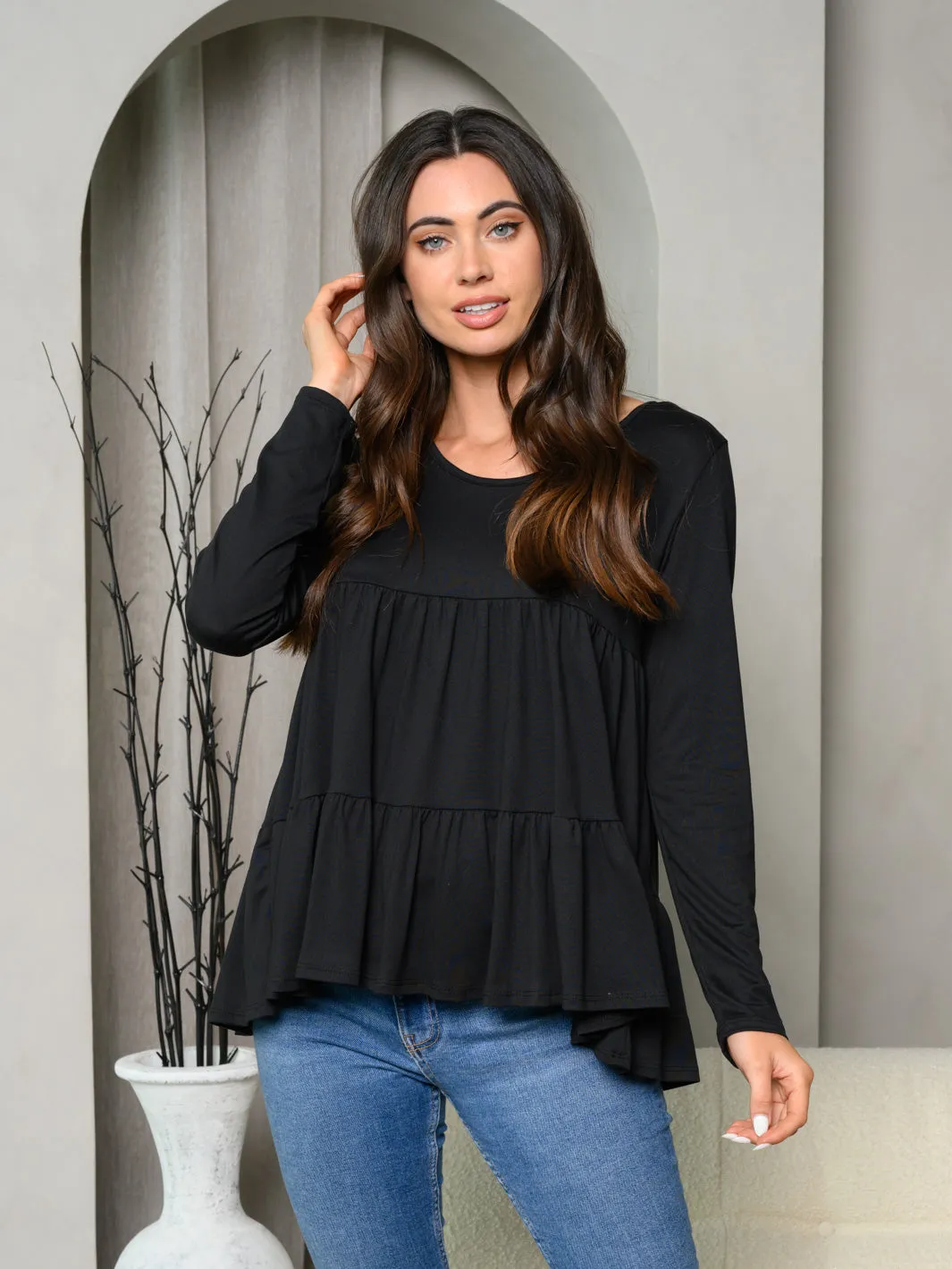 WOMEN'S LONG SLEEVE LAYERED RUFFLE TOP