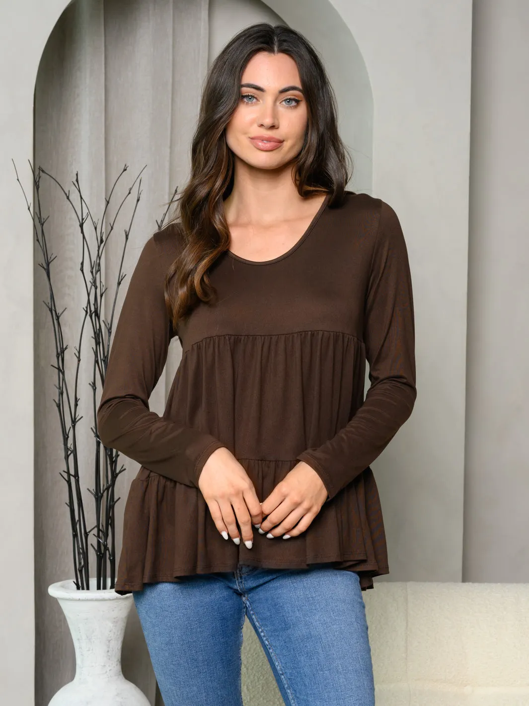 WOMEN'S LONG SLEEVE LAYERED RUFFLE TOP