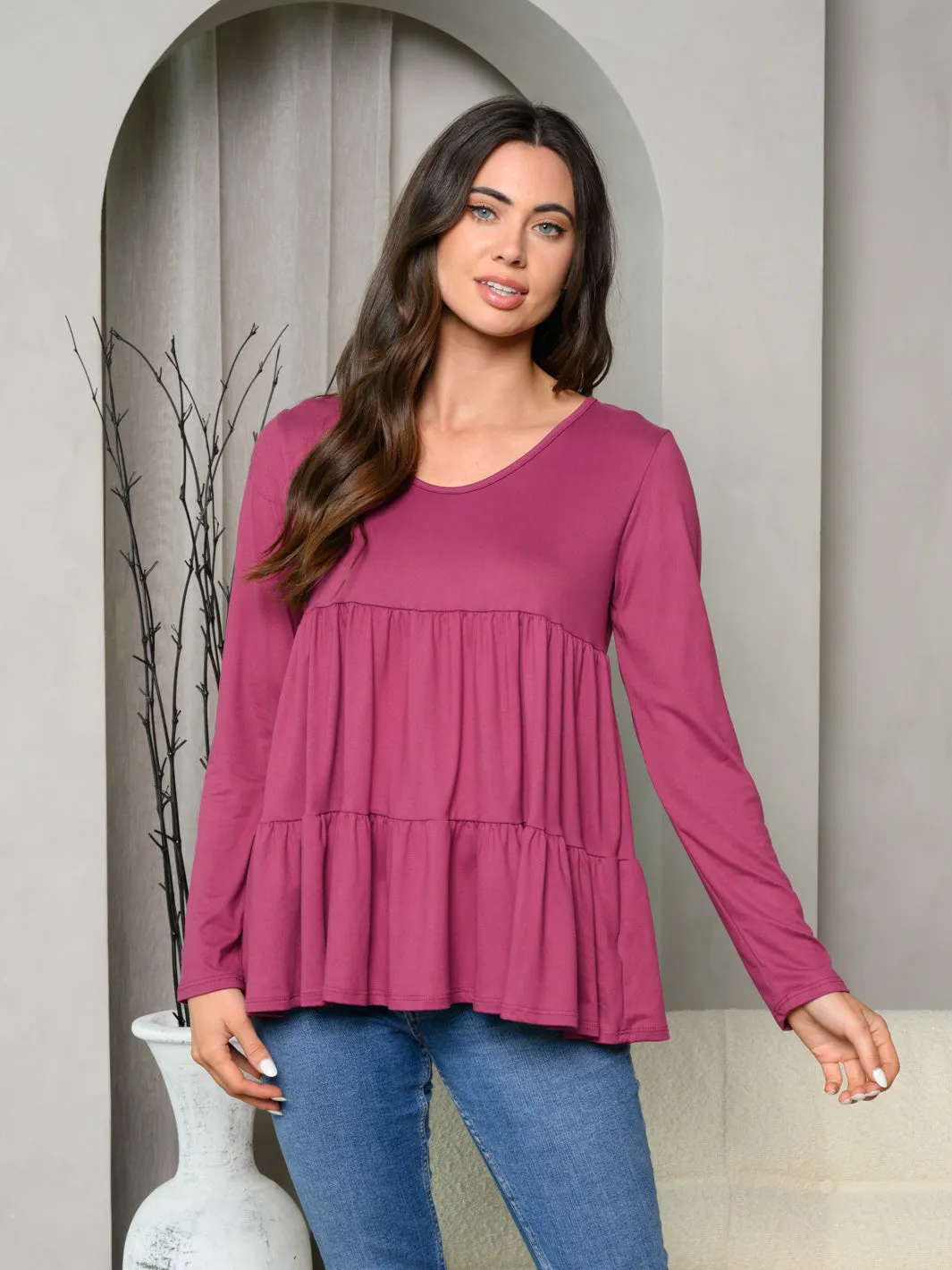 WOMEN'S LONG SLEEVE LAYERED RUFFLE TOP