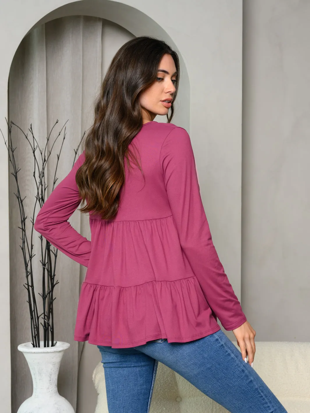 WOMEN'S LONG SLEEVE LAYERED RUFFLE TOP