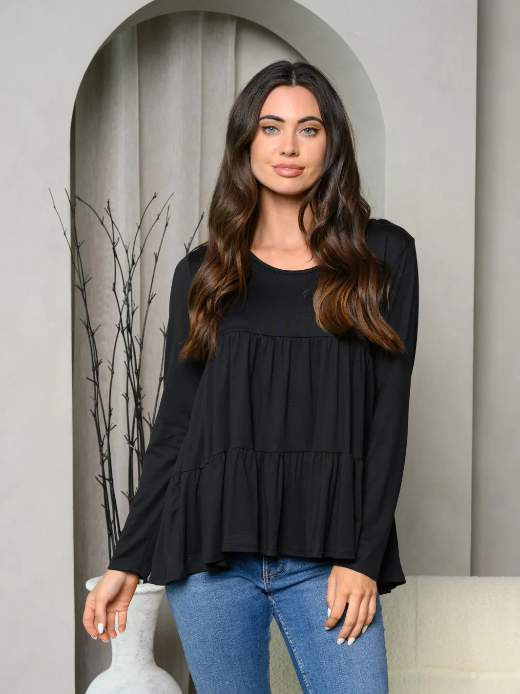 WOMEN'S LONG SLEEVE LAYERED RUFFLE TOP