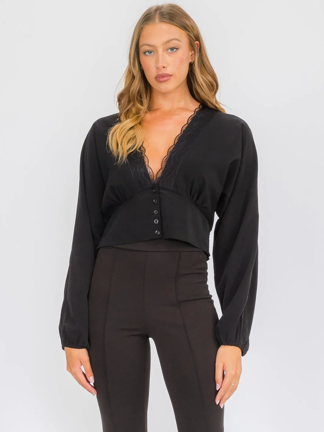 WOMEN'S LONG SLEEVE V-NECK BUTTON UP BLOUSE TOP