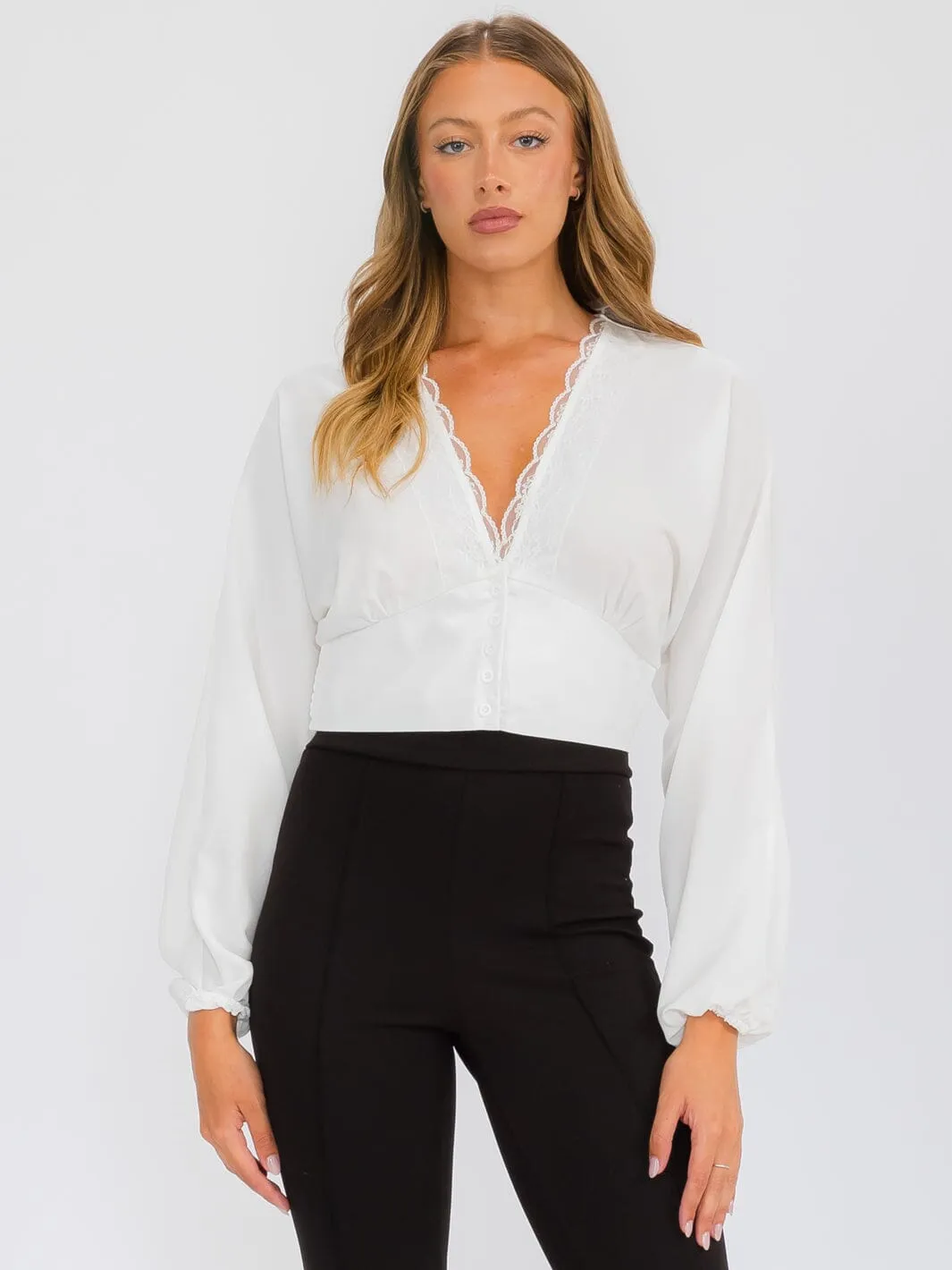 WOMEN'S LONG SLEEVE V-NECK BUTTON UP BLOUSE TOP