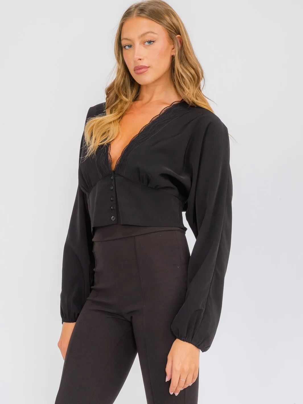WOMEN'S LONG SLEEVE V-NECK BUTTON UP BLOUSE TOP