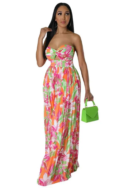 Women's Orange Floral Design Summer Jumpsuit
