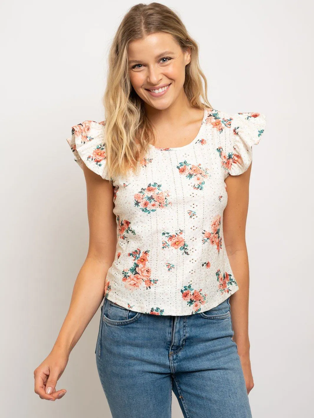 WOMEN'S RUFFLE SLEEVE EYELET TOP