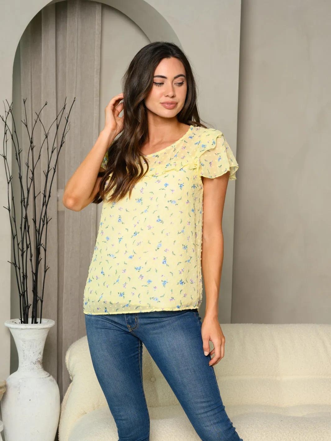 WOMEN'S SHORT RUFFLE SLEEVE FLORAL SWISS DOT TOP